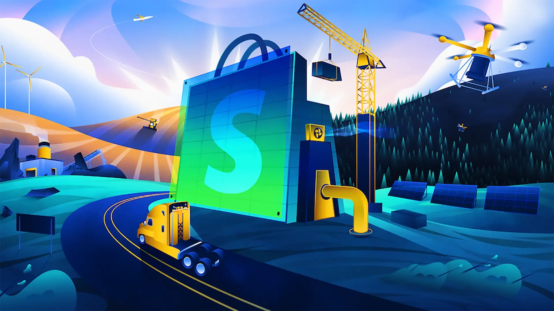 Shopify sustainability carbon credit purchases illustration by cody muir